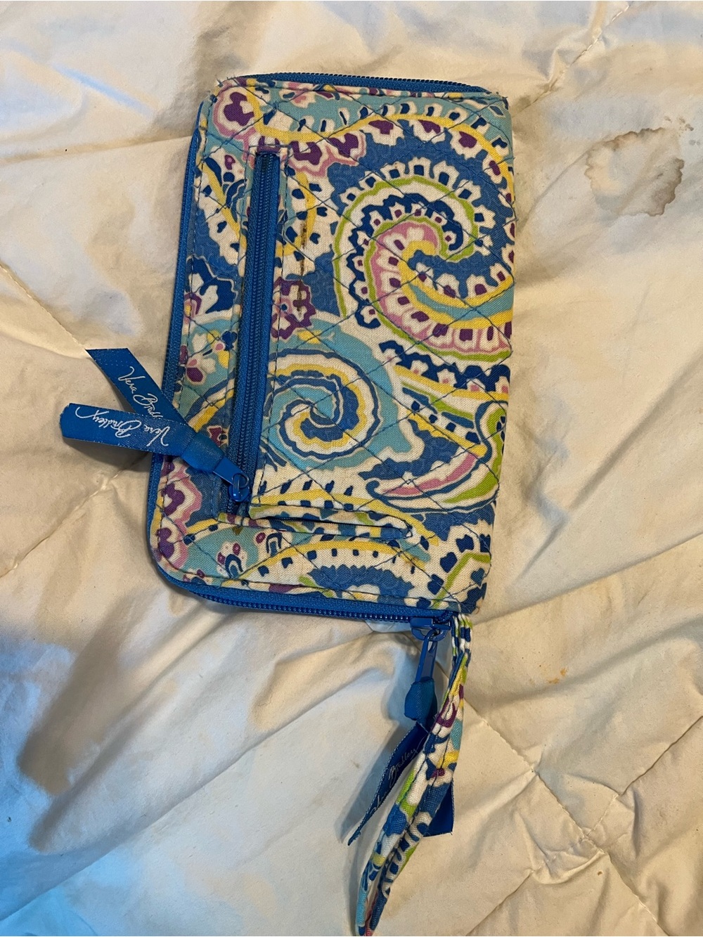 Vera Bradley Blue Paisley Quilted Wristlet with Yellow and Purple Accents
